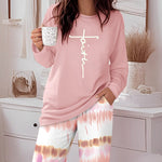 2 Pieces Outfit Letter Print Long Sleeve Top and Tie Dye Print Elastic Waist Pants Set Casual Pajamas Set