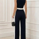 Women's Colorblock Jumpsuit Elegant Square Neck Sleeveless Wide Leg Overalls High Waisted Work Outfits with Pockets