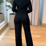 Women's Contrast Binding Faux Two-Piece Jumpsuit Elegant V Neck Wide Leg Overalls High Waisted Jumpsuits with Pockets