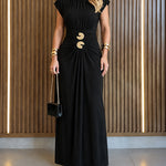 Women's Boat Neck Ruched Maxi Dress Gold Buckle Cap Sleeve Formal Evening Gown