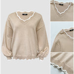 Women's Contrast Scallop Trim Knit Top V Neck Lantern Sleeve Loose Fit Casual Pullover Sweater