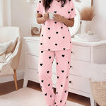 Valentine's Day 2 Pieces Outfit Round Neck Short Sleeve Top and Elastic Waist Pants Set Casual Heart Print Loose Fit Pajamas Set