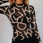 Women's Sheer Mesh Letter Print Mock Neck Frill Trim Long Sleeve Top