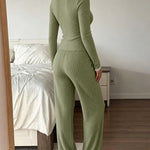 Women's 2 Piece Ribbed Lounge Sets Lace Trim Long Sleeve Top and High Waisted Pants Pajamas Sets with Pockets