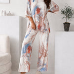 Women's 2 Piece Marble Print Pajama Set Half Sleeve Side Slit Top and Straight Leg Pants Casual Loungewear