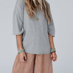 Women's Crewneck Drop Shoulder T-Shirt Back Ruffle Slit Half Sleeve Loose Casual Top