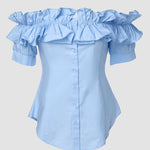 Ruffles Off Shoulder Short Sleeve Button Front Blouse Asymmetrical Hem Top