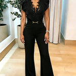 Women's Lace V Neck Jumpsuit Sleeveless Ruffle Overalls High Waisted Tie Waist Flare Leg Jumpsuit with Pockets