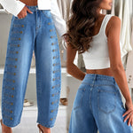 Women's Barrel Jeans High Waisted Side Button Denim Pants Distressed Washed Baggy Trousers Retro Y2K Streetwear