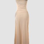Sleeveless Ruched Cinched Waist Draped Bandeau Dress Eyelet Embroidery Slit Asymmetrical Hem Vacation Dress