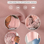 Sequin Decor Turn-down Collar Button Front Pockets Design Denim Coat Casual Fuzzy Spliced Raw Trim Shacket