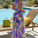 Women's Floral Print Ruched Mesh Sleeveless Maxi Dress Elegant Vacation Dress