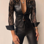 Women's Floral Lace Spliced Button-Down PU Leather Shirt Top