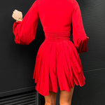 Deep V Neck Lantern Sleeve Ruched Pleated A Line Flowy Dress Single Breasted Decor Cinched Waist Party Dress