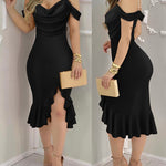 Women's Cold Shoulder Adjustable Pearls Straps Bodycon Dress Cowl Neck Asymmetrical Ruffle Hem Party Dress