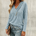 Women's Pleated V Neck T-Shirt Long Sleeve Button Decor Tee Casual Layering Top