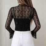 Women's 2 Piece Outfit Rhinestone Mock Neck Flare Sleeve Sheer Mesh Top with Adjustable Cami Top