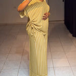 Women's Striped 2 Piece Outfits V Neck Short Sleeve Drawstring Top and Wide Leg Pants Set with Pockets