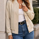 Women's Cable Crop Bomber Jacket Casual Long Sleeve Button Front Coat