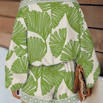 Women's Tropical Leaf Print 2 Piece Set Skew Neck Lantern Sleeve Top and Elastic Waist Shorts with Pockets & Lace