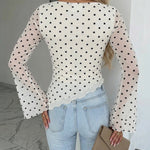 Women's Polka Dot Mesh Top Flare Long Sleeve Boat Neck Lined Asymmetric Frill Hem Blouse Vintage Party Shirt