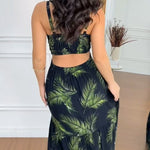 Women's Tropical Print Ruffle Hem Maxi Dress Sexy Cutout Adjustable Strap Slit Beach Vacation Dress