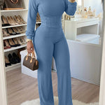 2 Pieces Outfit O-neck Long Sleeve Cinched Waist Sweatshirt and Elastic Waist Wide Leg Pants Set Casual Seam Design Sweatpants Set