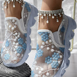 Floral Pattern Sheer Mesh Patch Round Toe Sneakers