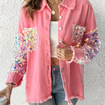Contrast Sequin Long Sleeve Jacket Top Button Front Raw Hem Loose Fit Shacket