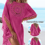 Women's Front & Back Reversible Beach Cover Up Crochet Lace Hollow Out Spliced Tassel Vacation Caftan Dress