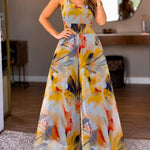 Women's V-Neck Floral Print Mesh Wide Leg Jumpsuit Stretchy Straps Shirred Waist Overalls