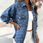 Vintage Heart Jacquard Turn-down Collar Button Front Asymmetrical Hem Jacket Casual Flap Pockets Design Washed Denim Coat