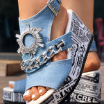 Newspaper Rhinestone Gear Pattern Slingback Platform Wedge Sandals