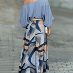 2 Pieces Outfit Skew Neck Batwing Sleeve Stretchy Hem Top and Casual Abstract Print Zipper Fly Elastic Back Waist Wide Leg Pants Set without Belt