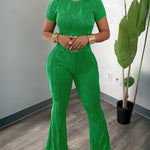 2 Pieces Outfit Round Neck Short Sleeve Crop Top and Elastic Waist Flared Pants Set Slim Fit Textured Set (Multiple Colors Available)