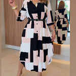 Women's Colorblock Geometric Shirt Dress Casual Three-Quarter Sleeves Asymmetrical Hem Commuting Dress with Belt