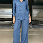 Women's 2 Piece Textured Set Button Down Shirt and Wide Leg Pants Set Casual Loose Lightweight Outfits with Pockets