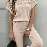 Women's 2 Piece Knit Set Lace Patchwork Short Sleeve Top and Wide Leg Pants Casual Ribbed Brushed Lounge Set
