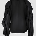 V Neck Shoulder Ruffles Design Blouse Casual Button Front Long Sleeve Top