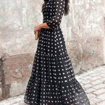 Women's Polka Dot Maxi Dress V Neck Lantern Sleeve Ruffle Hem Dress High Waist Button Up Chiffon Long Party Dress