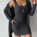 2 Pieces Outfit U-Neck Thick Strap Button Front Slim Fit Ribbed Knit Dress and Casual Long Sleeve Pockets Design Open Front Cardigan Coat Set