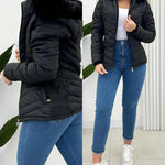 Zipper Pocket Design Shirred Fuzzy Trim Fleece Lined Hooded Puffer Jacket