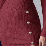 Polo V-Neck Long Sleeve Fleece Lined Bodycon Dress Slit Button Decor Ribbed Mini Dress