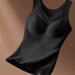 Sheer Mesh Spliced V Neck Sleeveless Built In Bra Tank Casual Warm Fleece Lined Slim Fit Top