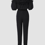 Frill Trim Off Shoulder Short Sleeve Tie Waist Overalls Casual Textured Jumpsuit