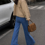 Women's High Waisted Floral Embroidered Flare Jeans Washed Denim Pants
