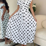 Women's Skew Neck Polka Dot Maxi Dress Ruched A-Line Swing Dress Elegant Party Cocktail Dress with Pockets