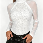 Women's Rhinestone Mesh Long Sleeve Top Mock Neck Sparkle Slim Fit Tee
