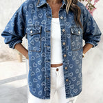 Vintage Heart Jacquard Turn-down Collar Button Front Asymmetrical Hem Jacket Casual Flap Pockets Design Washed Denim Coat