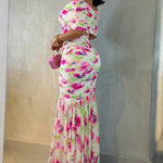 Floral Print Foldover Off Shoulder Ruched Maxi Dress Elegant Mermaid Hem Party Dress